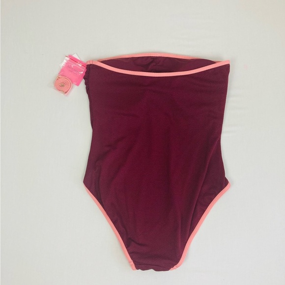 Kate Spade classic pique bandeau one piece in plum with pale pink trim. Large - Picture 5 of 9